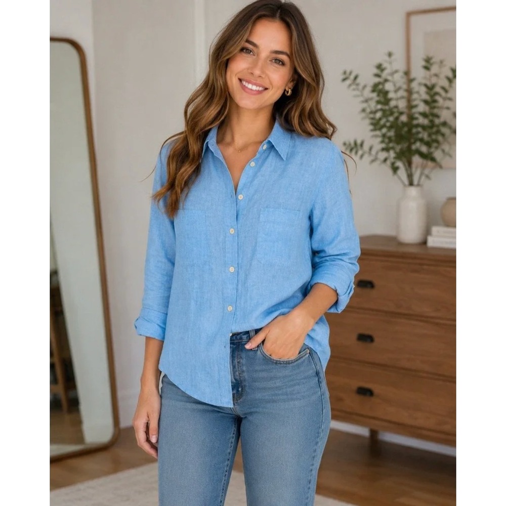 Lilly Pulitzer Shirt 100% Linen Button Up Long Sleeve Top Women's Medium Blue